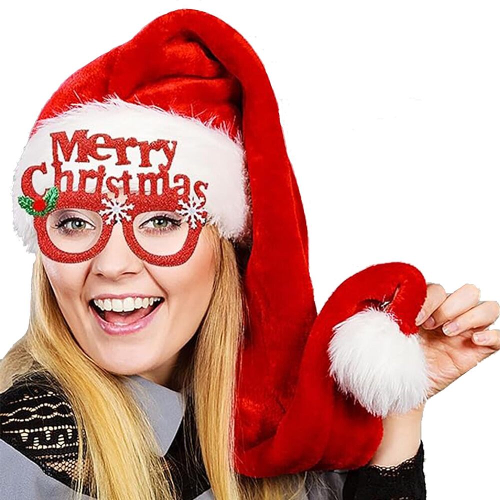 3628 Long Red Santa Hat with White Plush Brim for Adults and Red Santa Xmas
